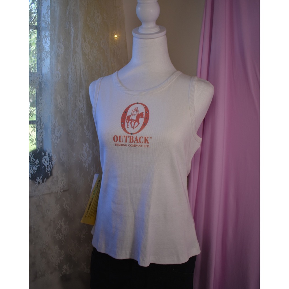 Outback Trading Co White Ribbed Graphic Tank Top Rhinestone Western XL 4025
